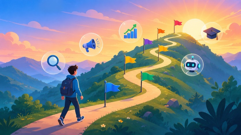 How to learn digital marketing in 2026 — student walking a six-milestone roadmap toward a sunrise