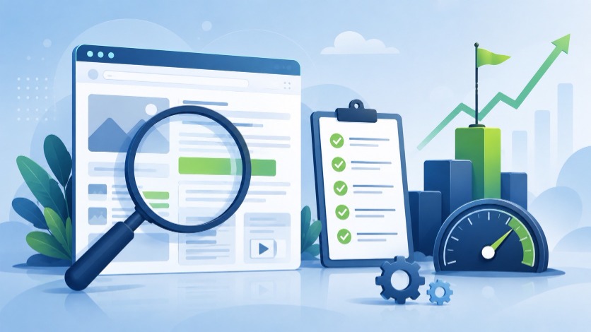 SEO best practices checklist 2026 — magnifying glass over webpage wireframe with ranking chart and checklist