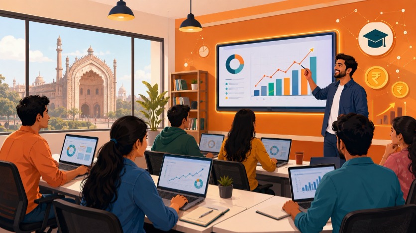 Students learning digital marketing with AI in a Hazratganj classroom in Lucknow