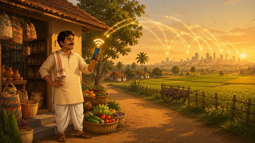 Village shopkeeper in rural India using a smartphone to sell products online, connecting to distant city buyers