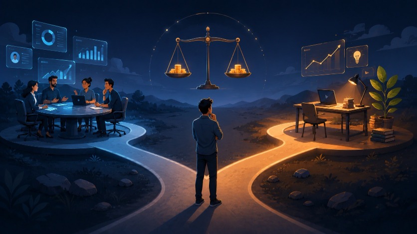 Business owner choosing between hiring a marketing agency team and learning digital marketing solo