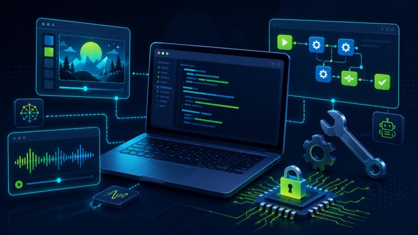 Free and open-source AI tools — laptop with terminal, local AI chip with padlock, image and audio panels