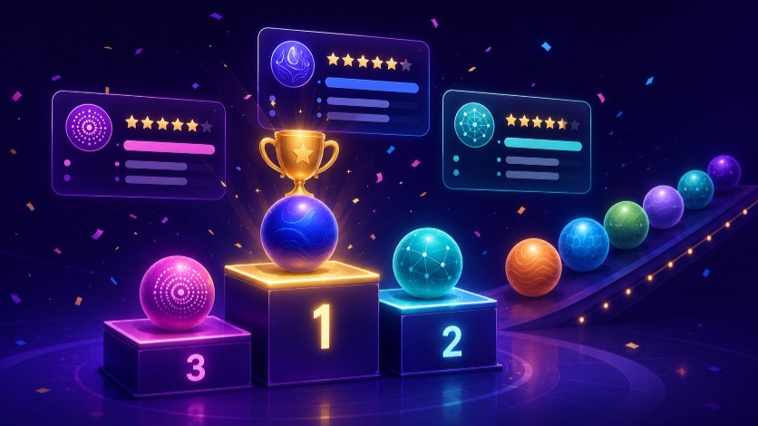 Best AI tools leaderboard 2026 — winners podium with trophy, score cards and contenders