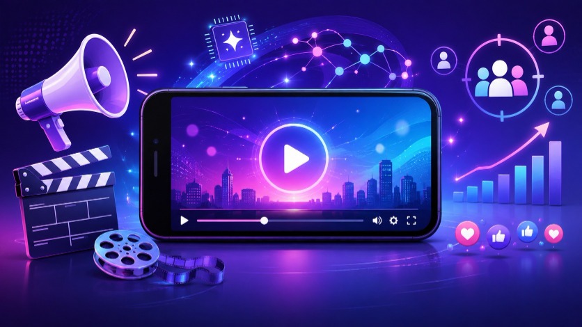 How to create AI-generated video ads — smartphone playing a video ad with megaphone and analytics icons