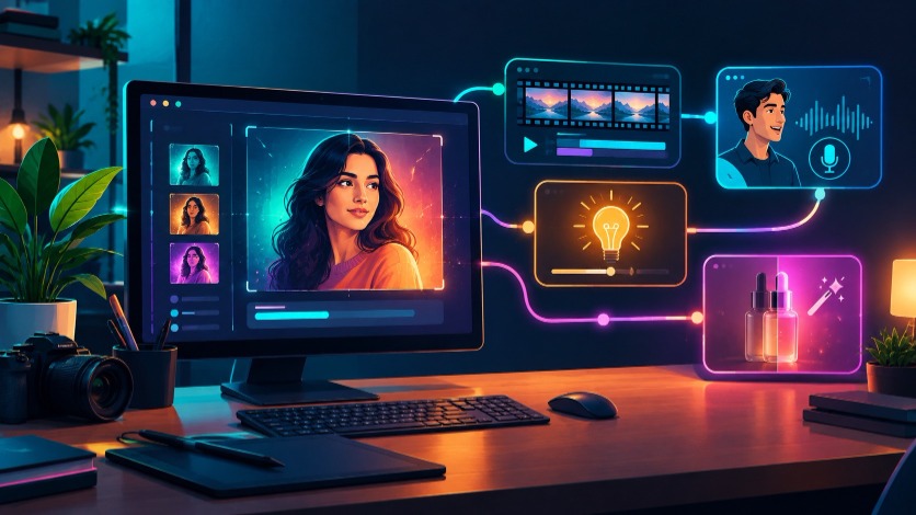 Creative AI tools workflow — studio desk with AI image generation, avatars and product retouching panels