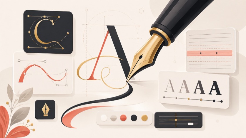 Free font tools for designers — calligraphy pen with type specimen cards, bezier curves and weight bars