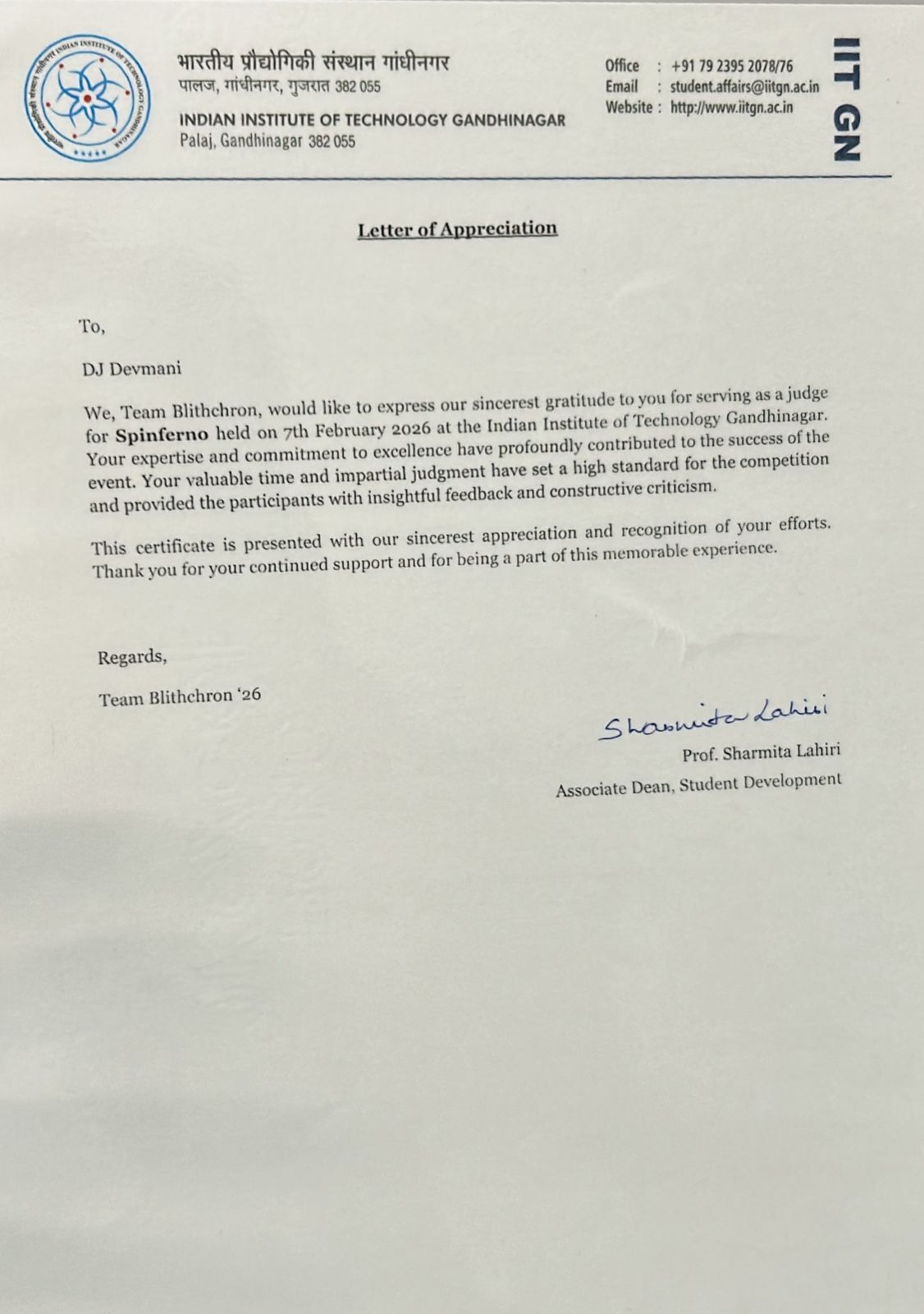 Appreciation Letter from IIT Gandhinagar Faculty to Milan Devmani