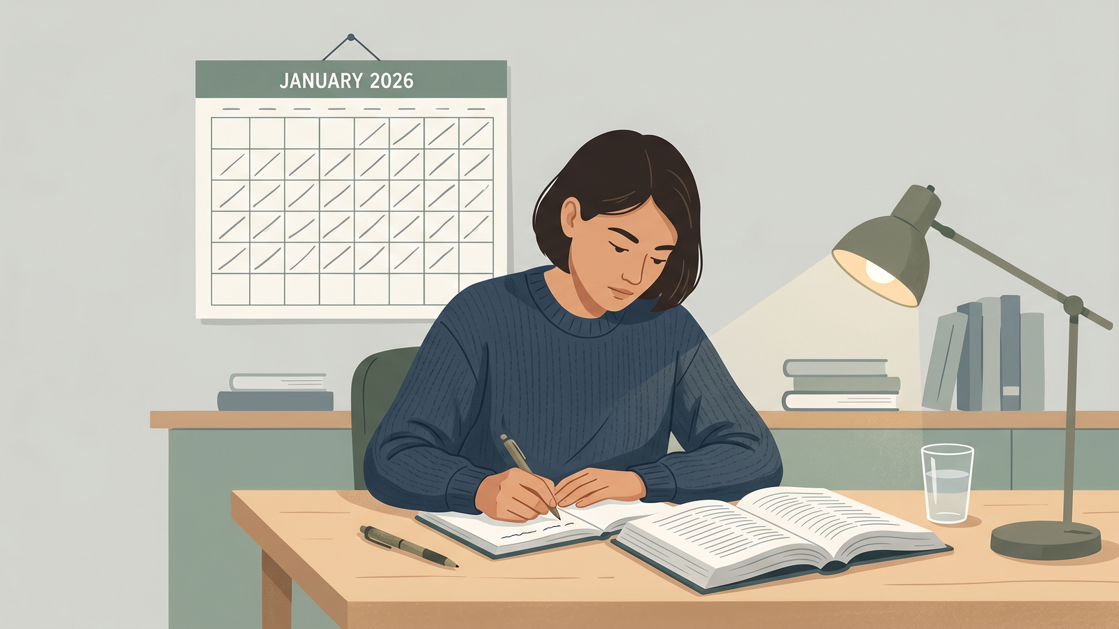 Student studying at a desk with books and a calendar, preparing for exams.