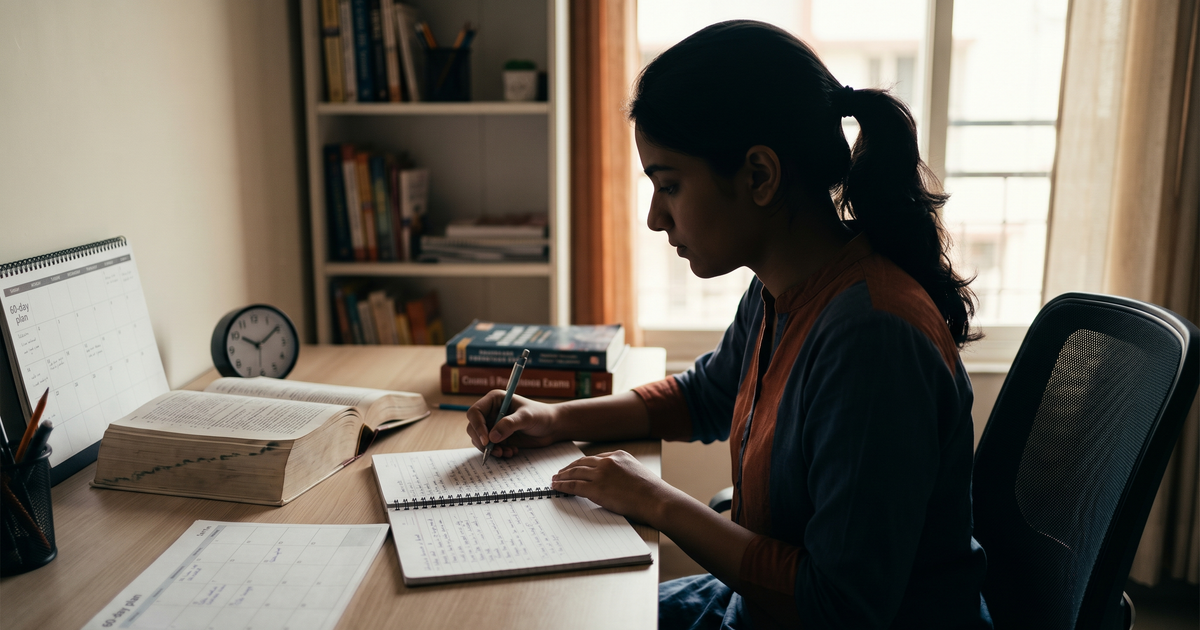 Young woman taking notes while studying at a desk with books and a planner.