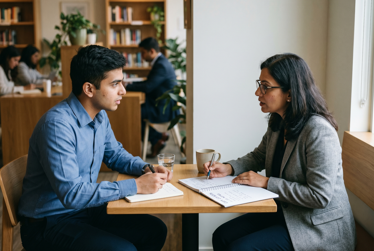 Two professionals engaged in a serious one-on-one discussion at a small table
