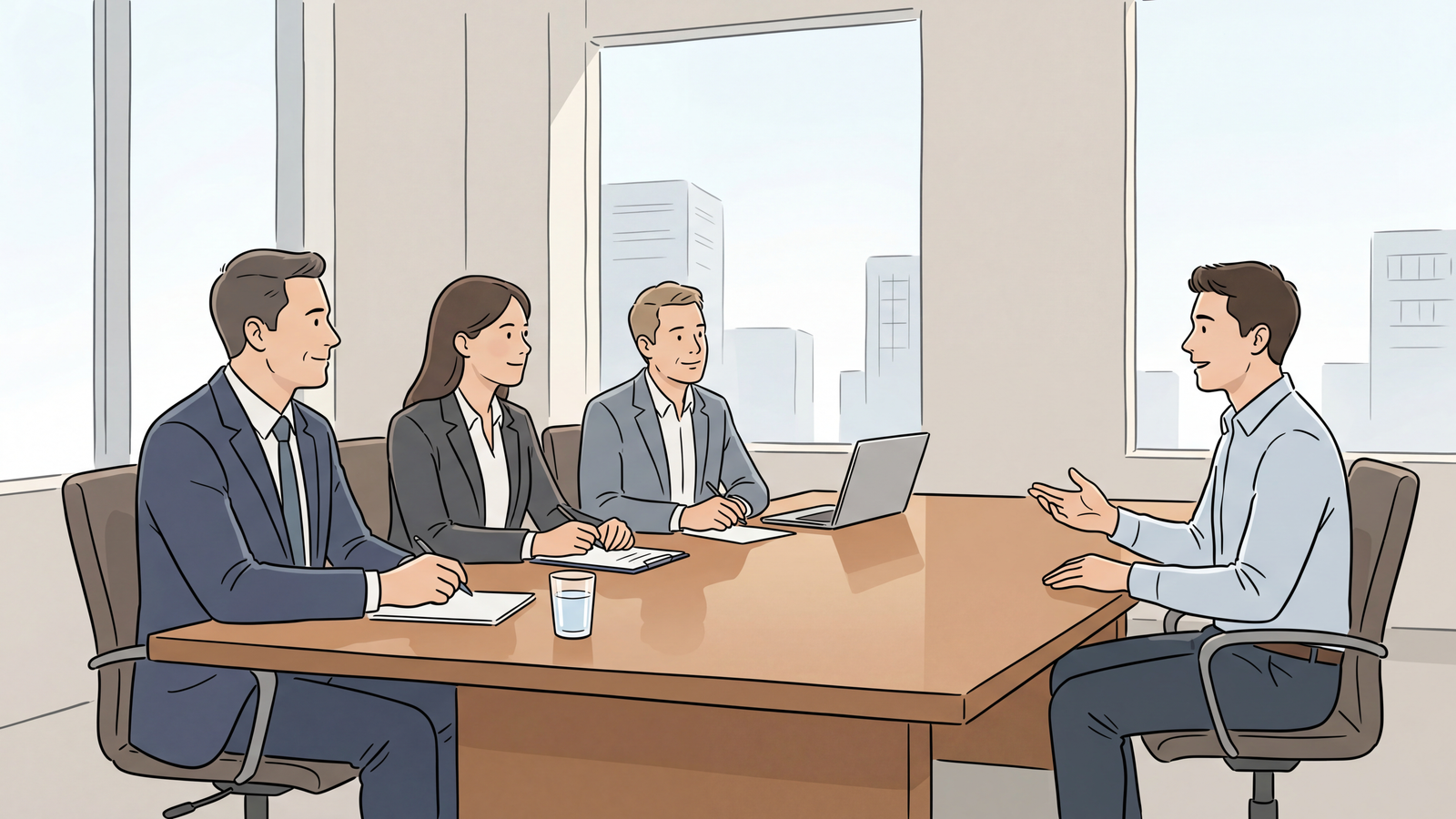 A candidate speaking confidently to a panel of interviewers across a conference table