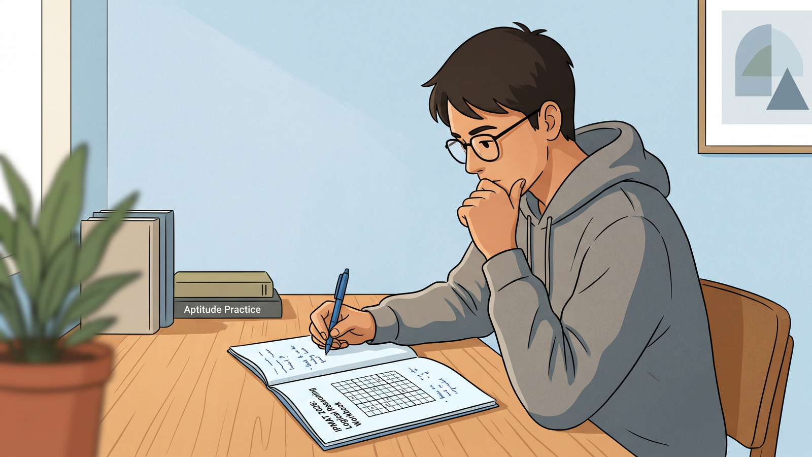 A student focused on solving a logical reasoning puzzle at a study desk.