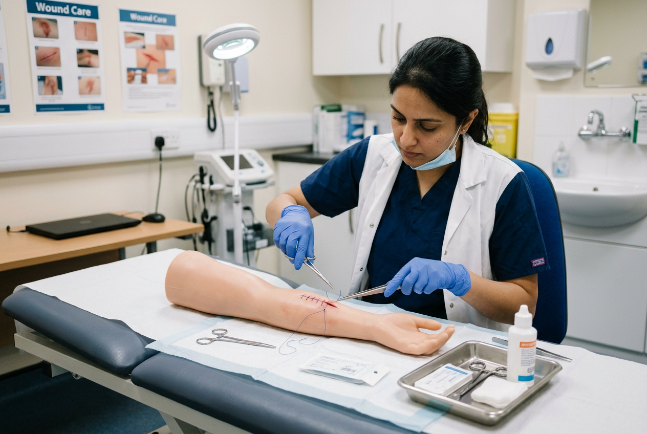 Healthcare professional practicing wound suturing on a training arm model in a clinical setting.