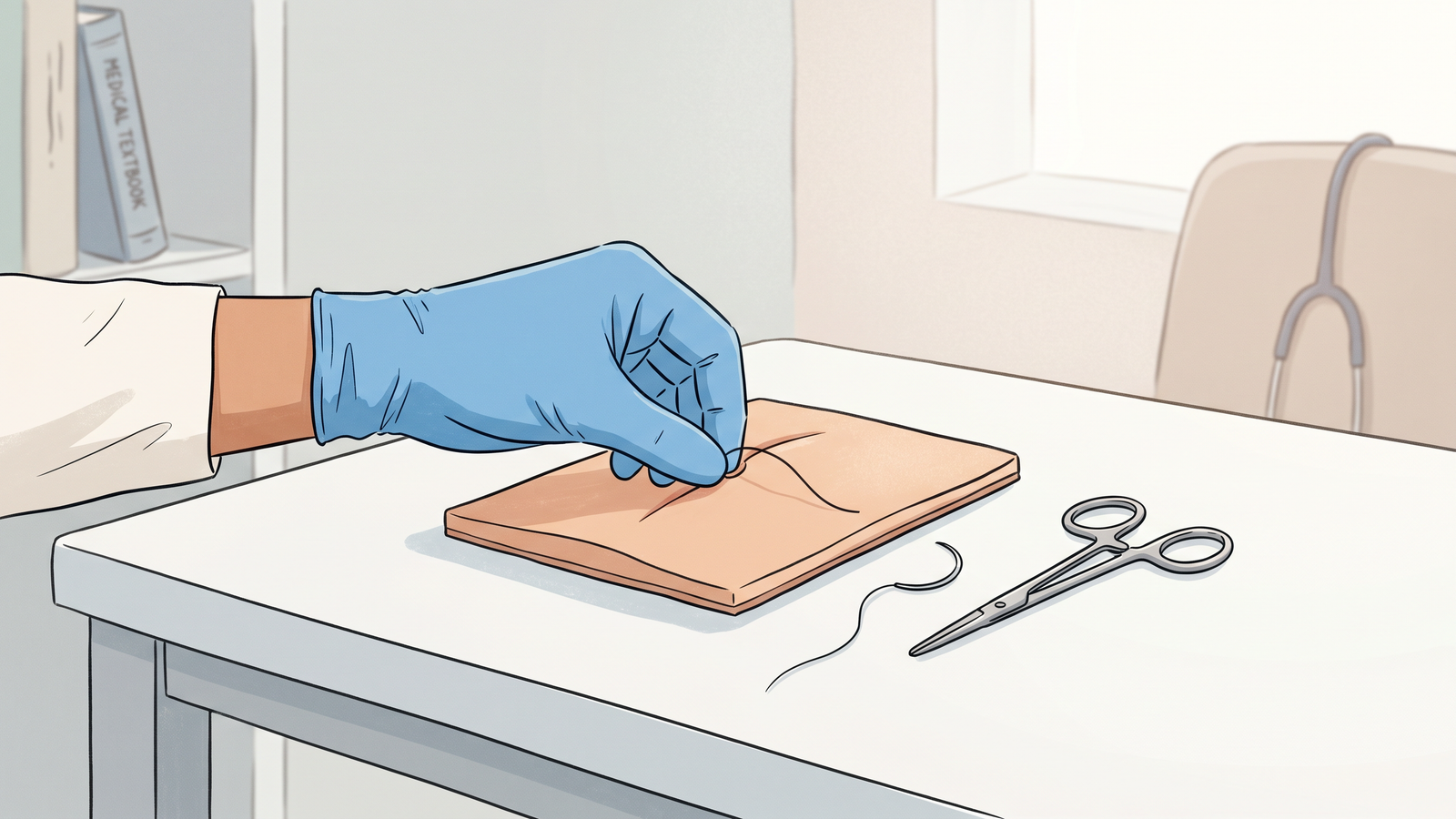 Illustration of a gloved hand demonstrating suturing technique on a medical practice pad.