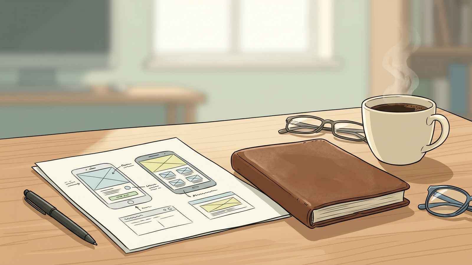 A desk with a printed wireframe document, notebook, and coffee cup