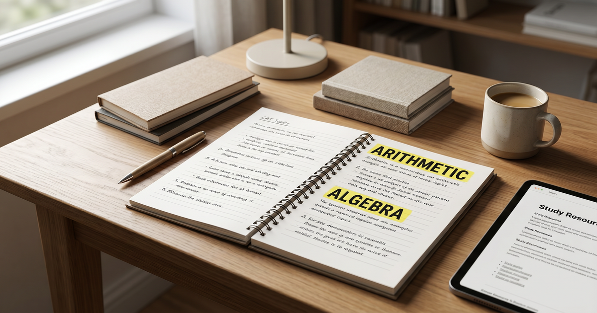 Study desk with a notebook highlighting Arithmetic and Algebra