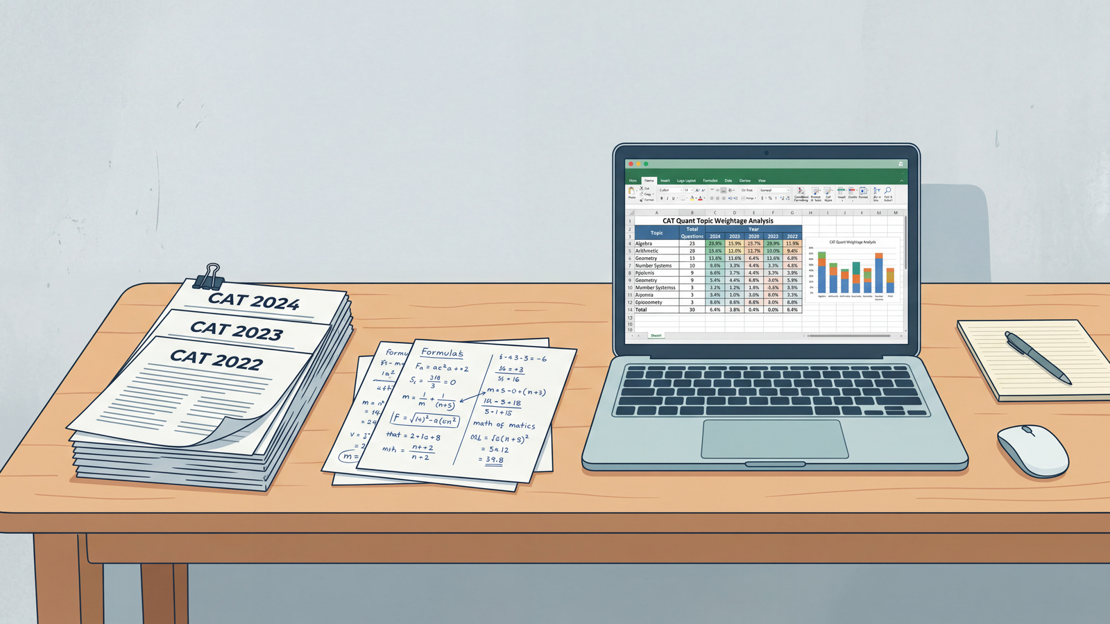 A student's desk with printed past papers and a laptop displaying a spreadsheet