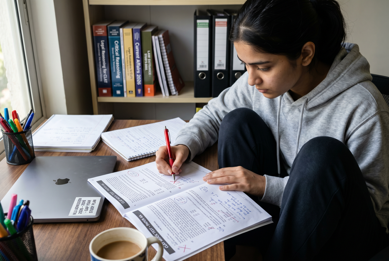 A student reviewing a printed mock test paper with a red pen, marking incorrect answers for analysis.