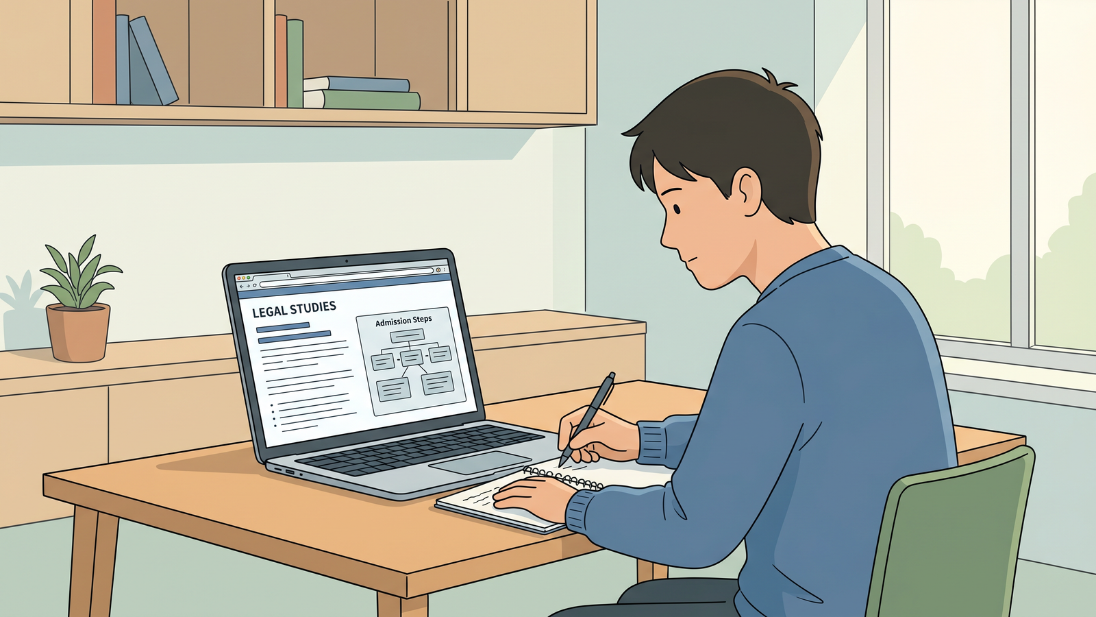 A student focused on a laptop screen while taking notes in a well-lit study room.