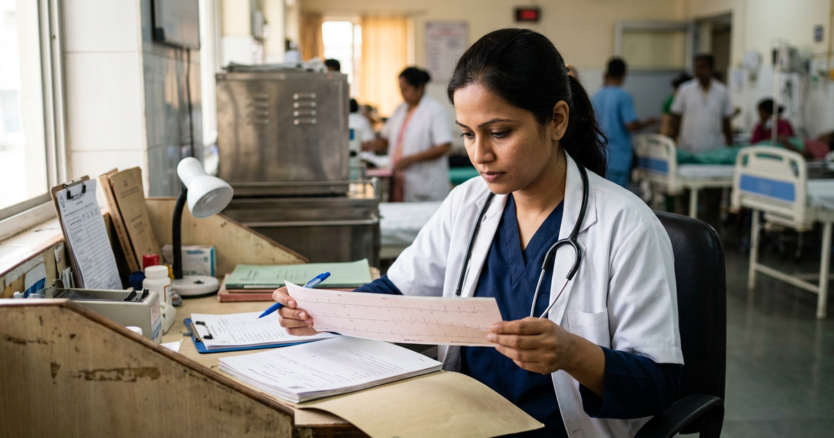 Doctor reviewing an ECG strip in a hospital ward