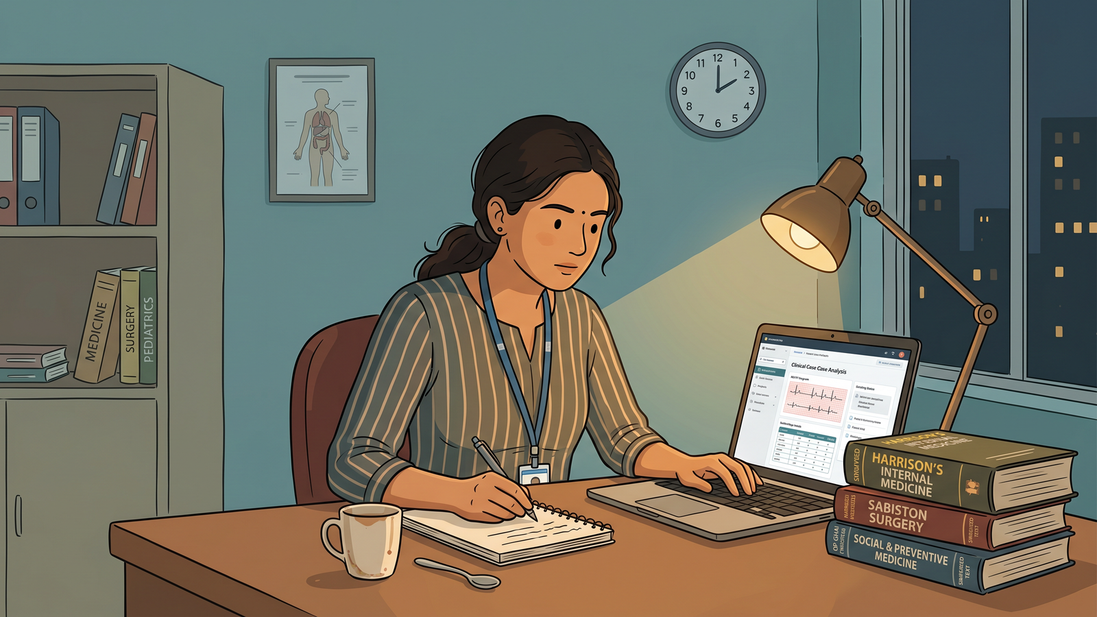 Medical intern studying late at night with textbooks and a laptop