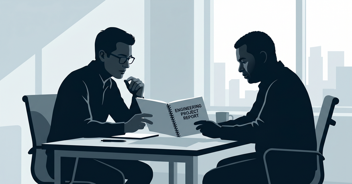 Two interviewers reviewing an engineering project report