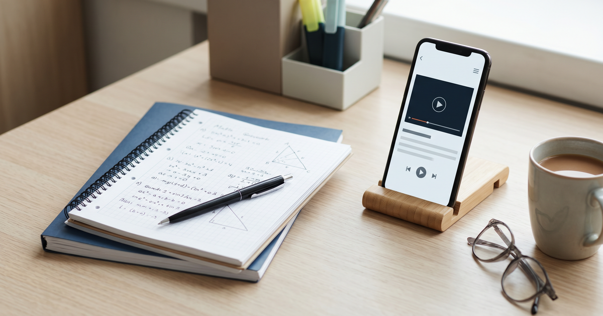 A clean study desk with a notebook showing math formulas and a smartphone