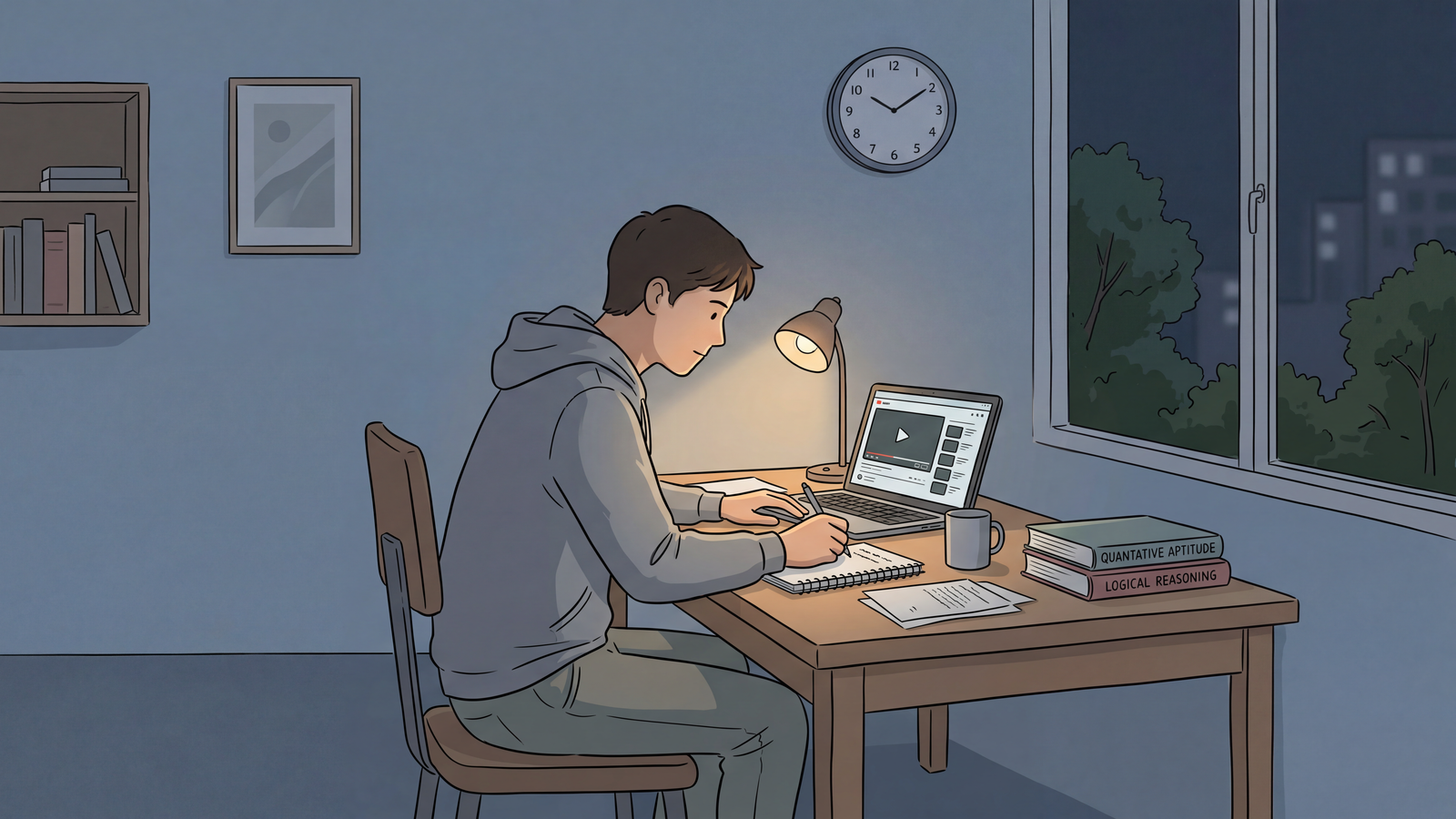 A student studying late at night with a laptop and notebook