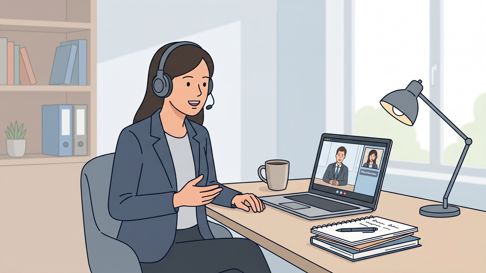 Student preparing for an MBA interview online at a desk