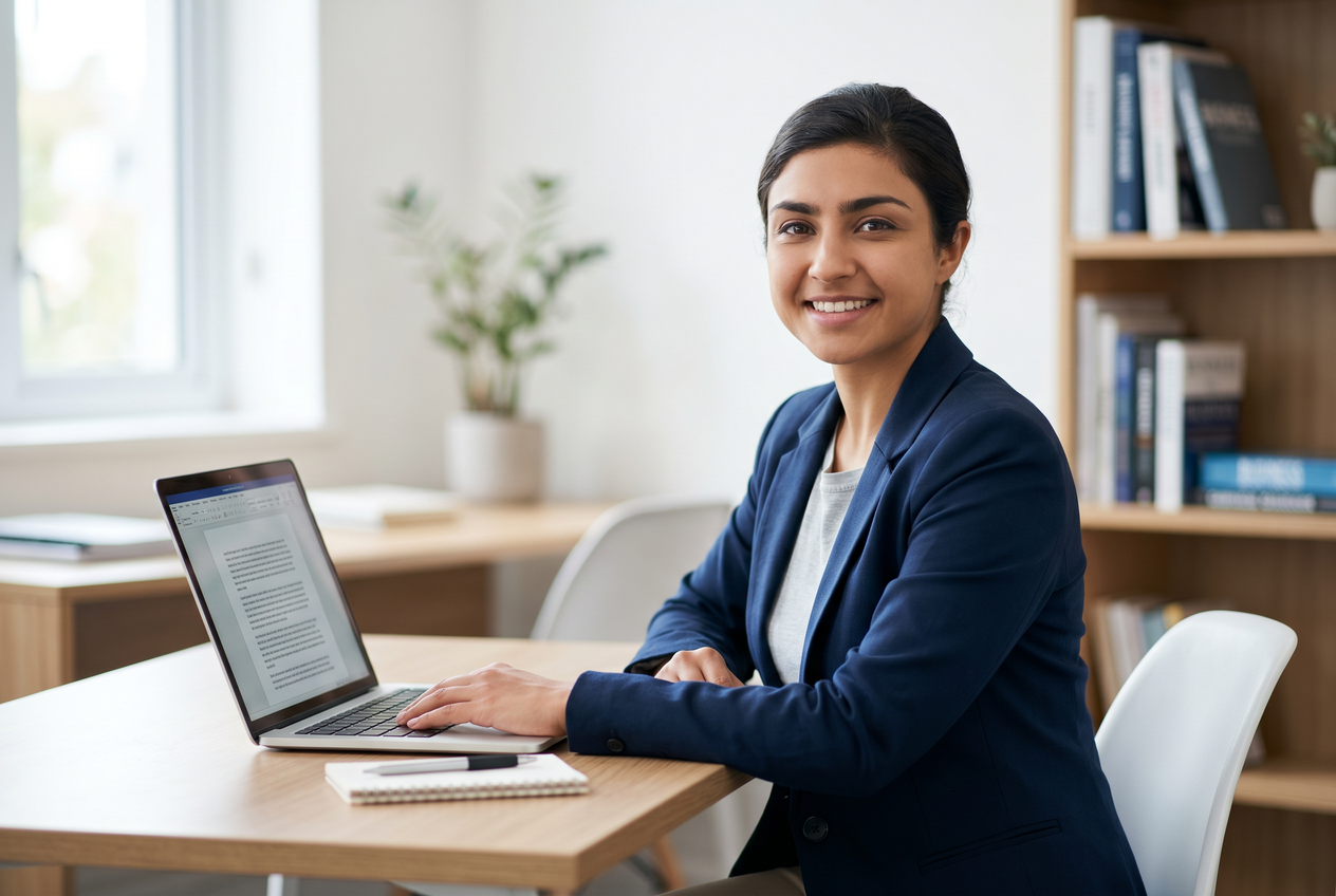 Confident female student sitting at a desk with a laptop