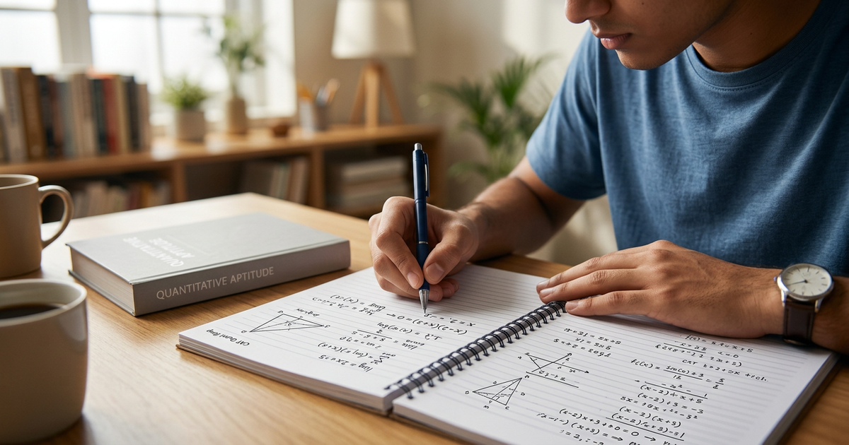 Close-up of a person writing math equations in a notebook