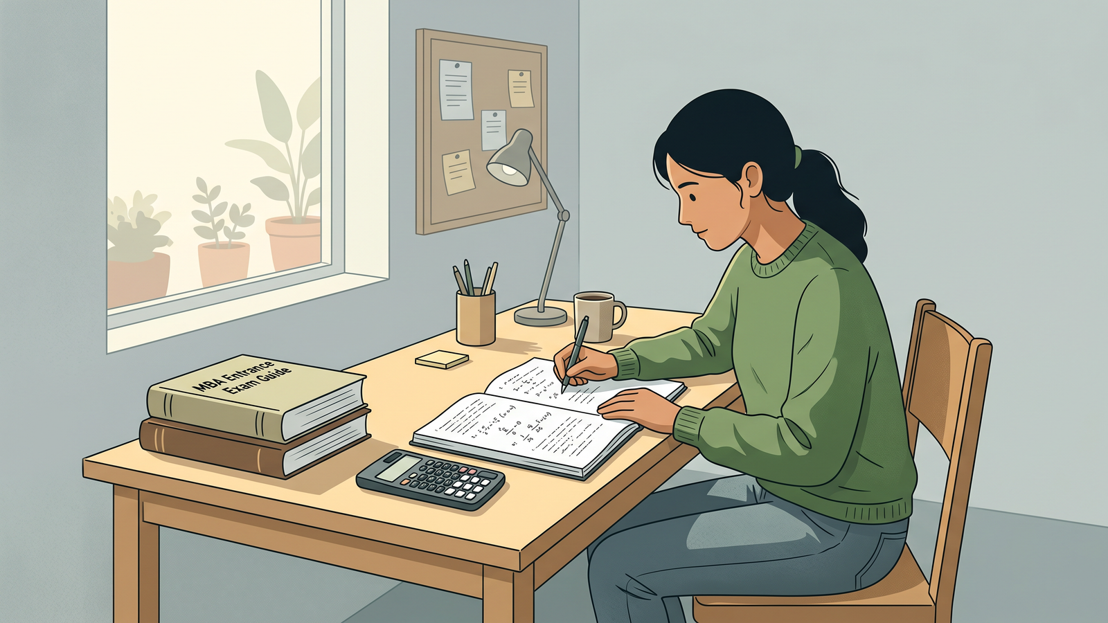 A student studying at a desk with a notebook and calculator