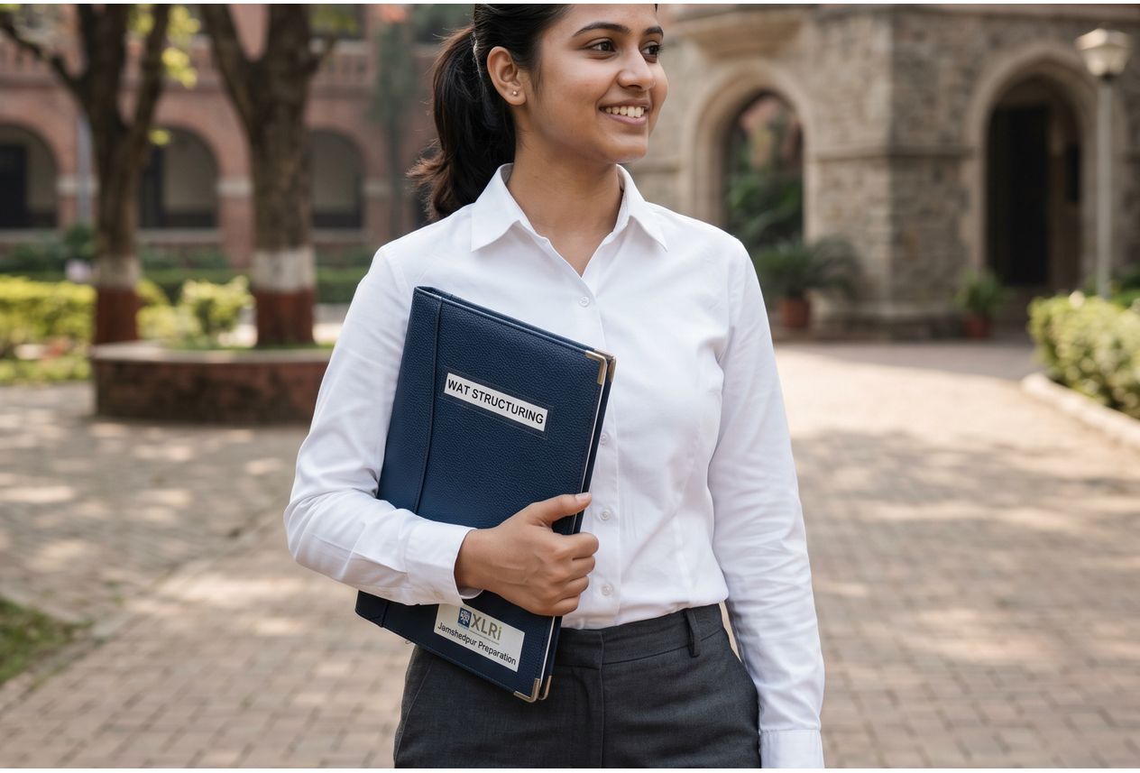 A confident student holding a folder outdoors near a campus building.