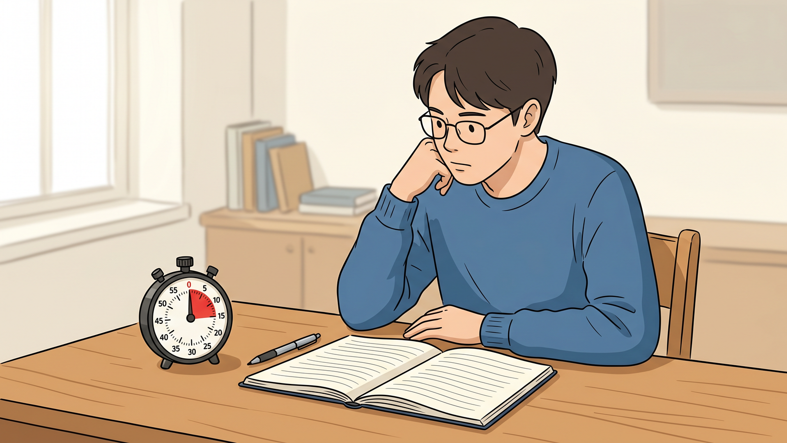 A student looking thoughtfully at a notebook and a timer clock on a desk.