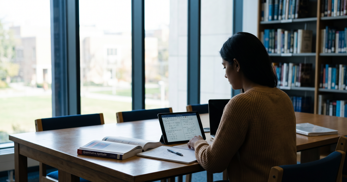 A student calmly reviewing study materials in a library.