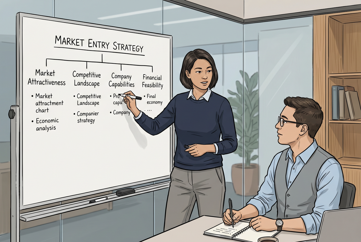 Student explaining a case framework on a whiteboard to a peer