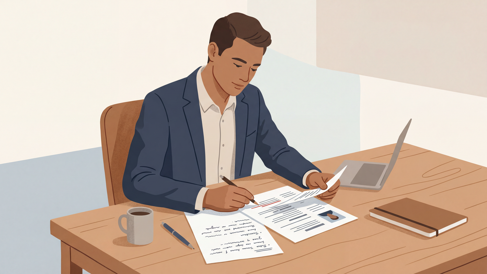 A candidate reviewing a printed resume and notes at a clean wooden desk.