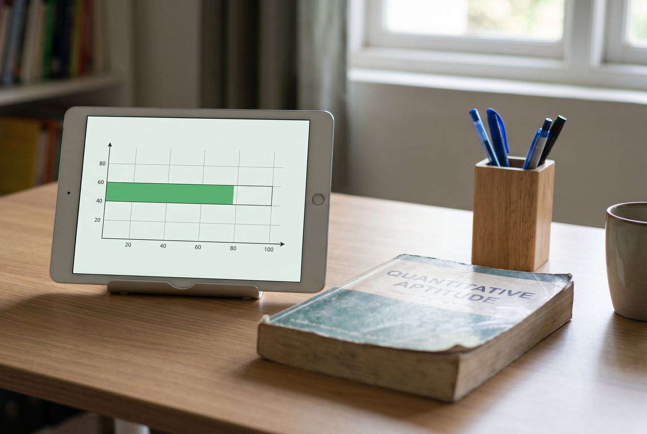 Tablet displaying a simple progress bar chart next to a textbook