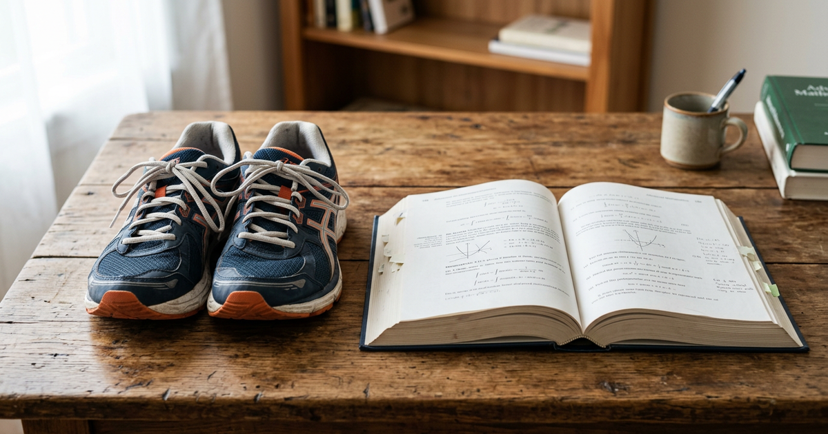 Running shoes placed next to an open mathematics textbook on a wooden desk.