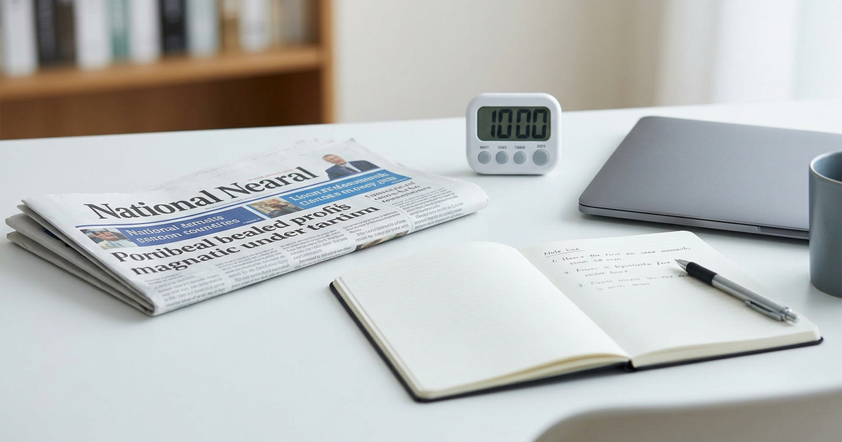 Study desk setup with a newspaper, notebook, and a digital timer