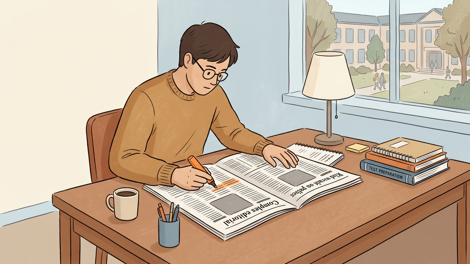 A student actively reading and highlighting a newspaper editorial at a study desk