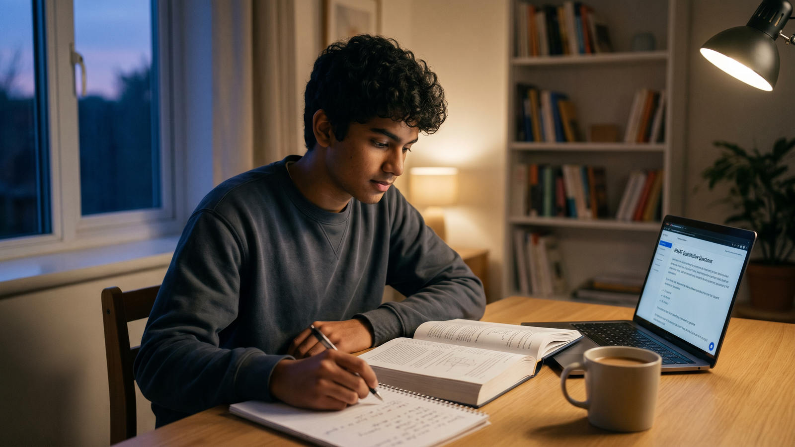 High school student studying calmly at a desk in the evening