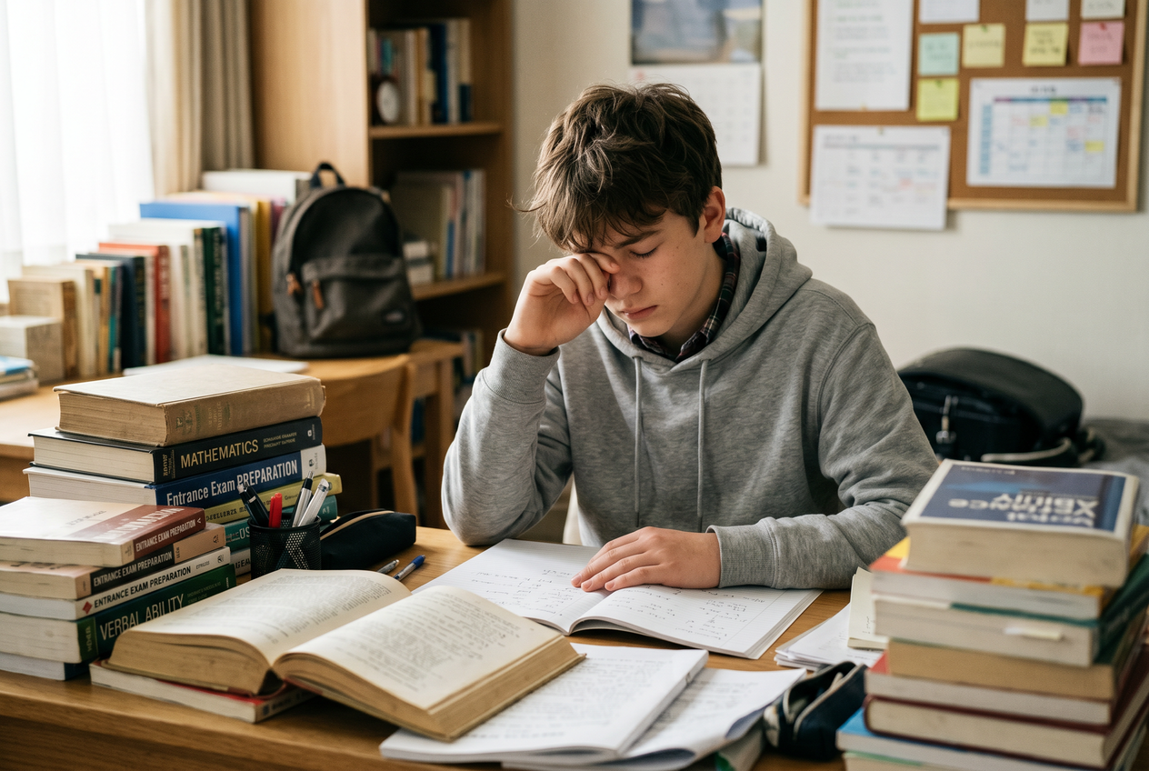 Tired student rubbing eyes surrounded by cluttered textbooks