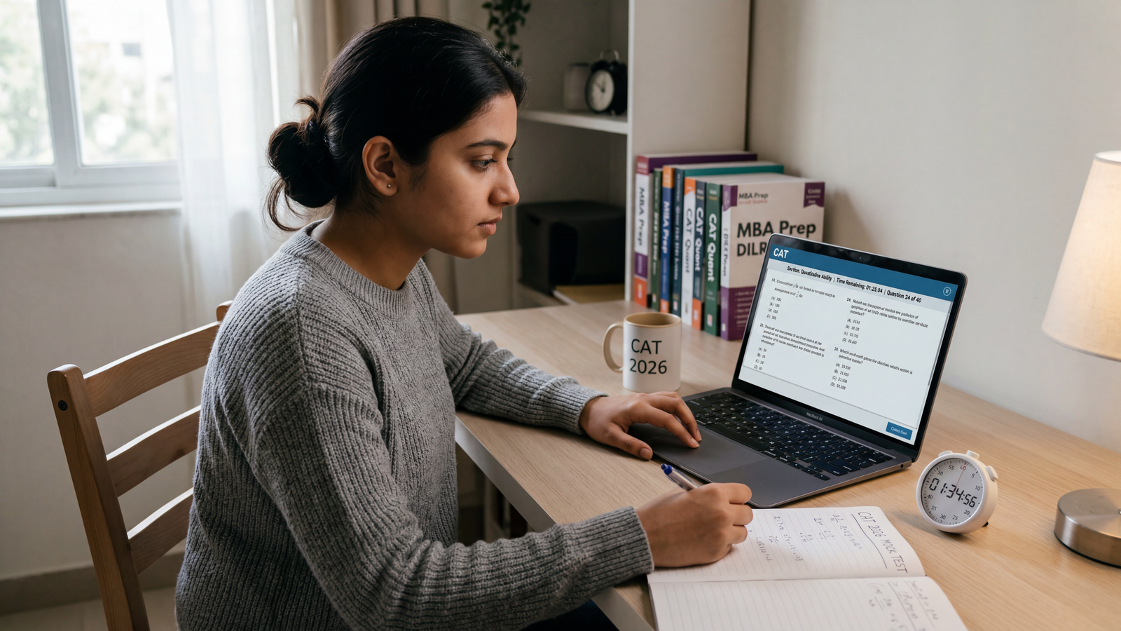 A focused student taking a timed mock test on a laptop at a clean desk