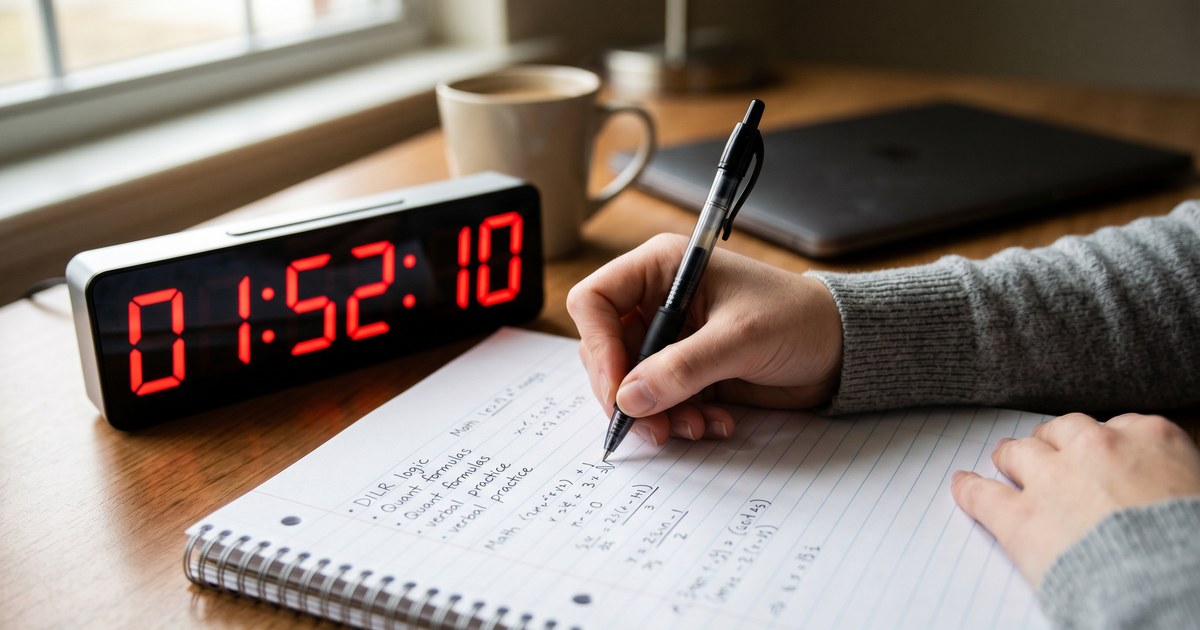 Close-up of a student's hand writing in a notebook next to a digital clock