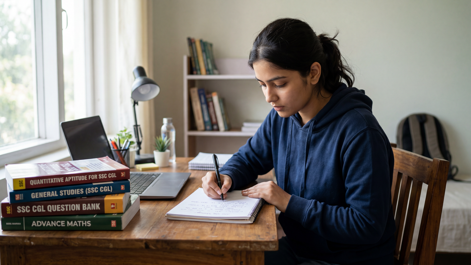 A focused student studying at a desk with textbooks and notes.