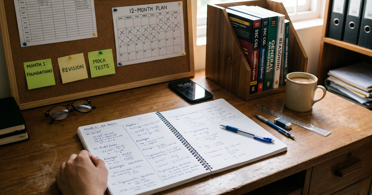 An organized study desk with handwritten math formulas in a notebook.
