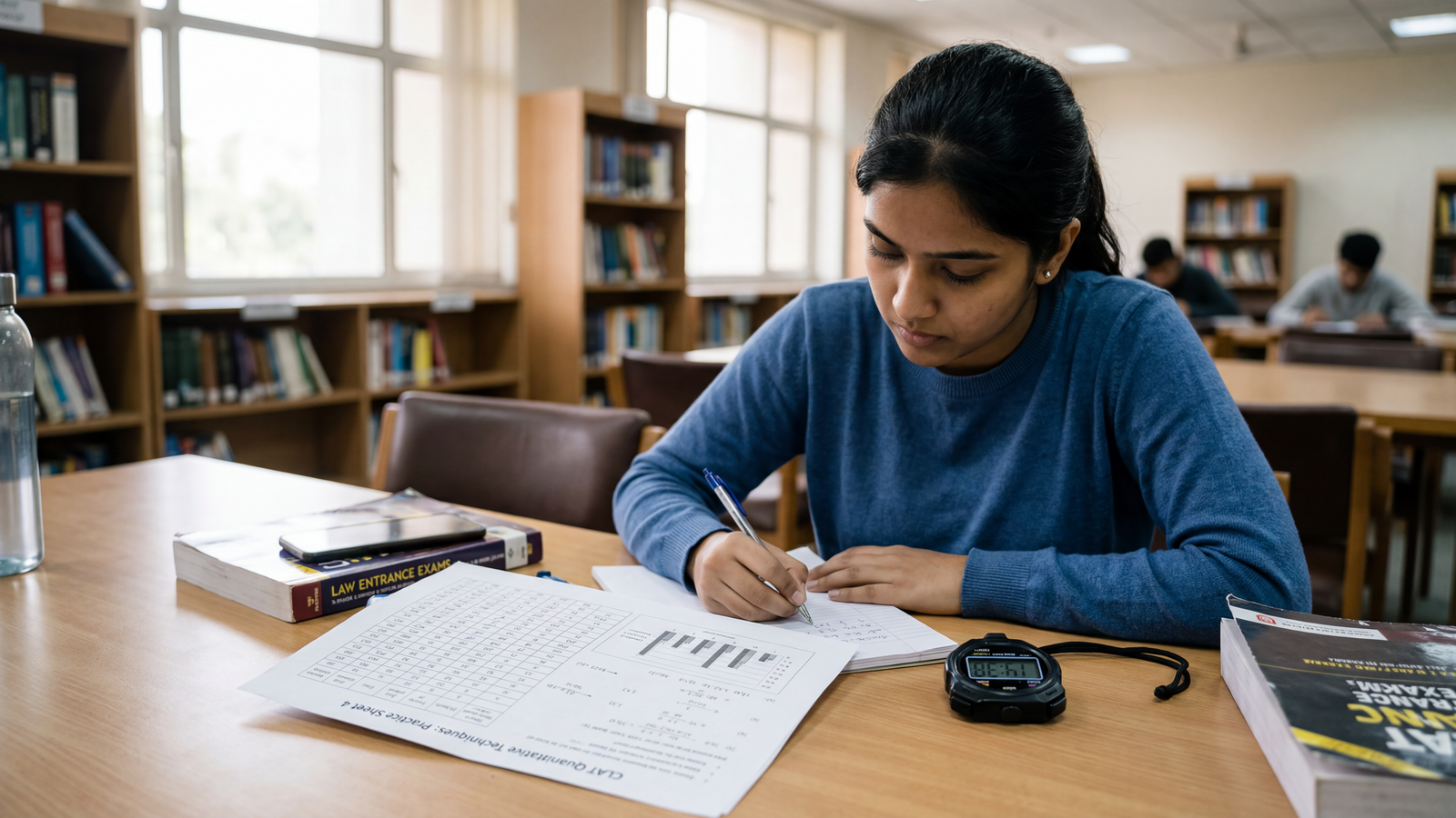 A student focused on a printed data table with a digital stopwatch nearby
