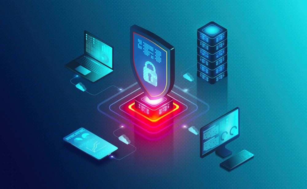 Digital lock and network security visualization representing data protection