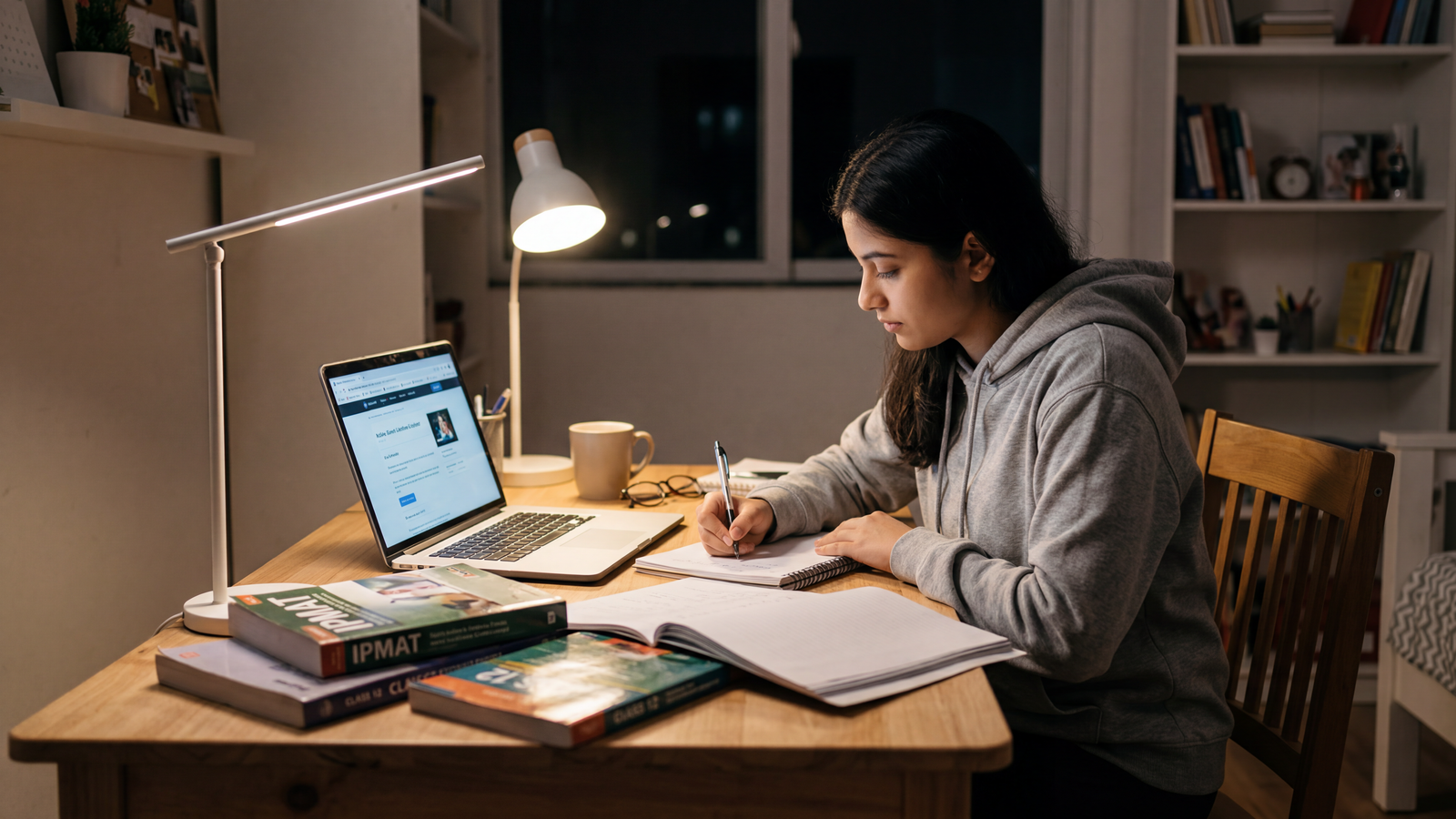 Student studying late at night with laptop and notebooks